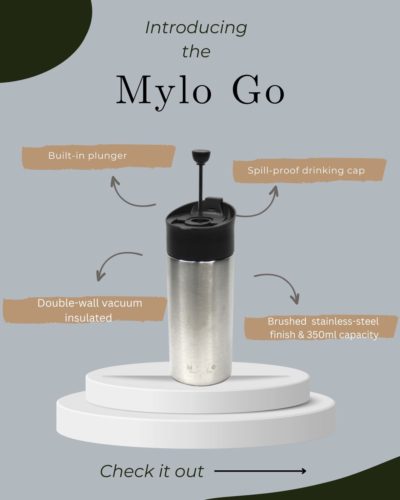 Mylo Go Insulated Travel Mug with in-built French Press